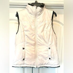 Valerie Steven's White & Faux Fur Reversible Zip Puffer Vest with Pockets Large